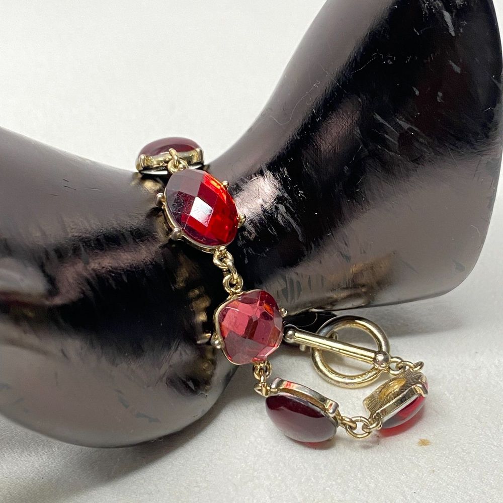 💎Chain Bracelet Burgundy Red Faceted Cabochon Stones Gold Tone Setting Toggle